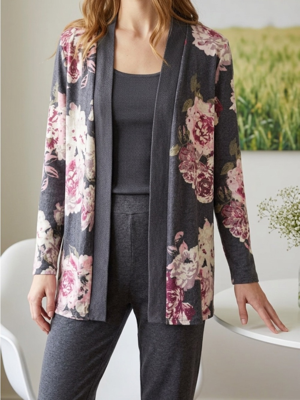 Eyeshadow Charcoal Cardigan with Pink Floral Print